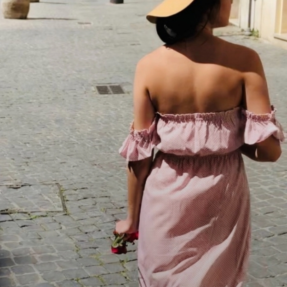 Showpo maxi dress blush polka dot off the shoulder peasant party romantic size 4 - Picture 9 of 12